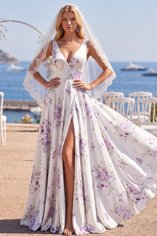 Robe de mariée de plage col en V ligne A traîne à balayage fleur violette blanche avec voiles