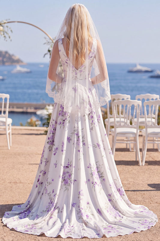 Robe de mariée de plage col en V ligne A traîne à balayage fleur violette blanche avec voiles