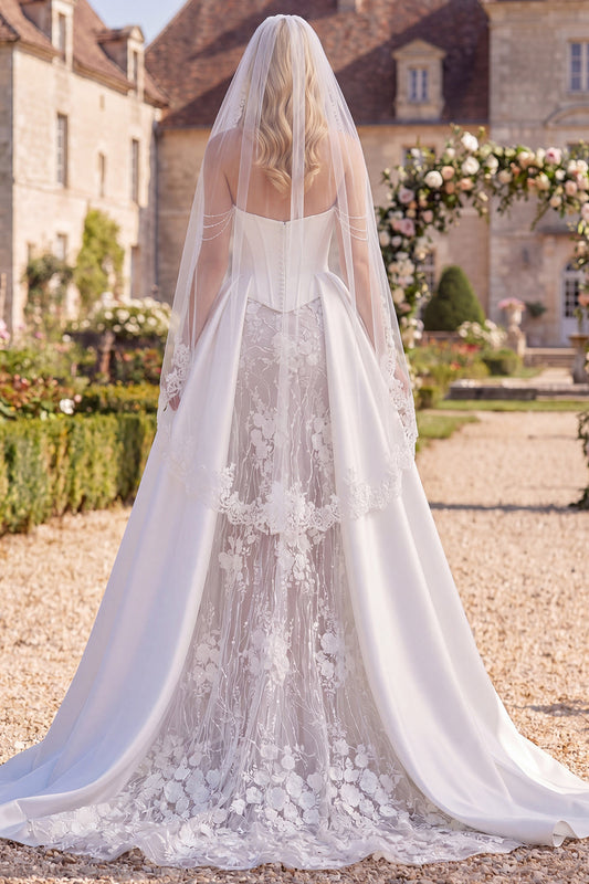 Floral White Beaded Corset Mermaid Sweep Train Wedding Dress with Veils