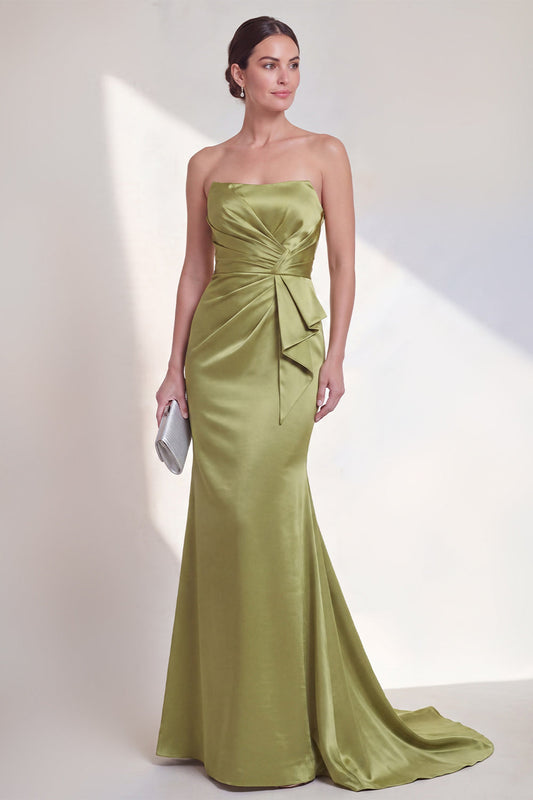 Robe de Soirée Fourreau Verte Froncée sans Bretelles