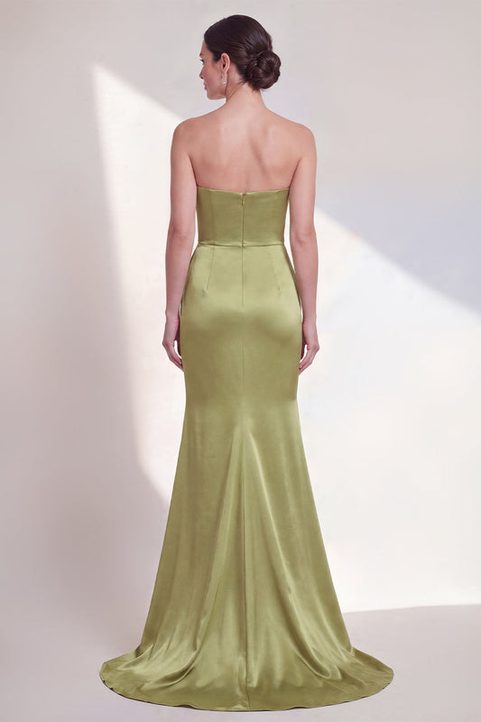 Robe de Soirée Fourreau Verte Froncée sans Bretelles