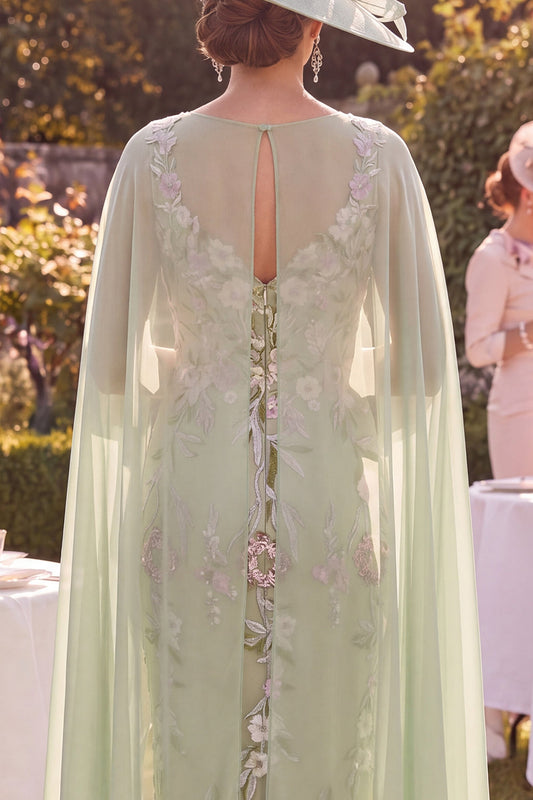 Robe midi fourreau verte ornée d'appliqués floraux, avec cape, pour la mère de la mariée