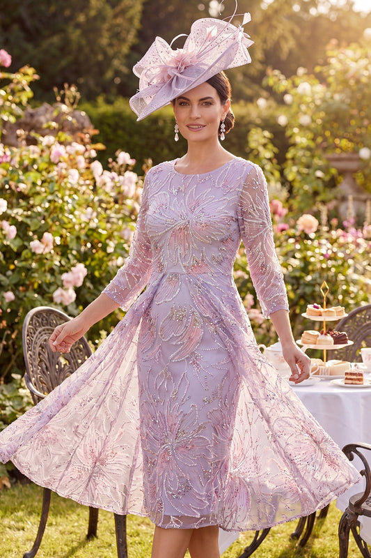 Lilac Floral Round Neck Beaded Midi Mother of the Bride Dress with 3/4 Sleeves