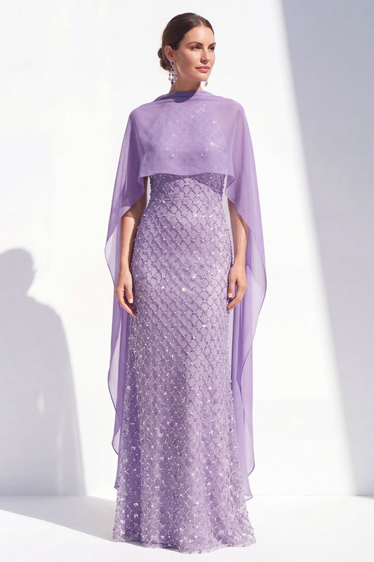Mermaid Purple Halter Neck Beaded Long Mother Of the Bride Dress with Cape