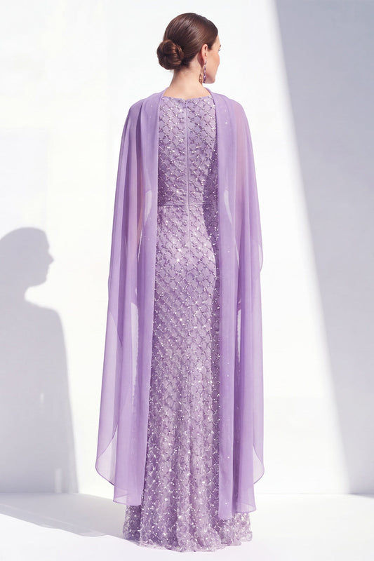 Mermaid Purple Halter Neck Beaded Long Mother Of the Bride Dress with Cape