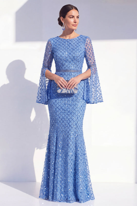 Mermaid Blue Round Neck Beaded Long Mother Of the Bride Dress with Long Sleeves