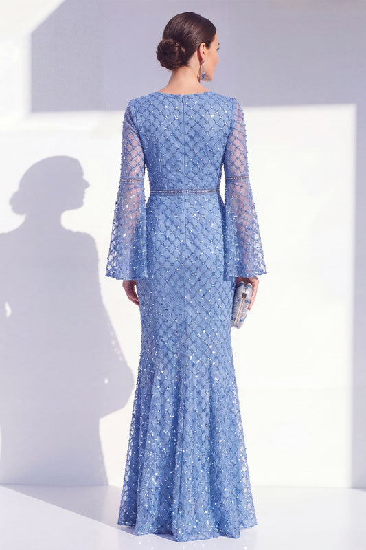 Mermaid Blue Round Neck Beaded Long Mother Of the Bride Dress with Long Sleeves