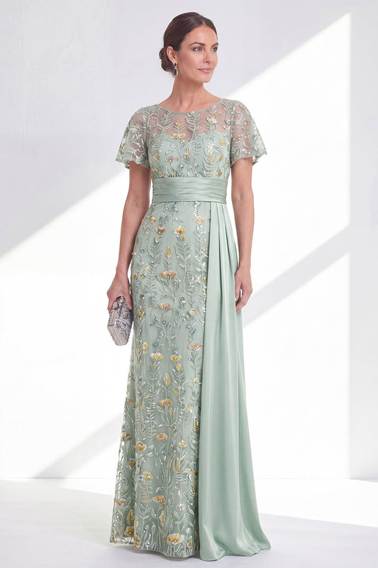 Robe longue fleurie de sirène verte à col rond avec ceinture pour la mère de la mariée