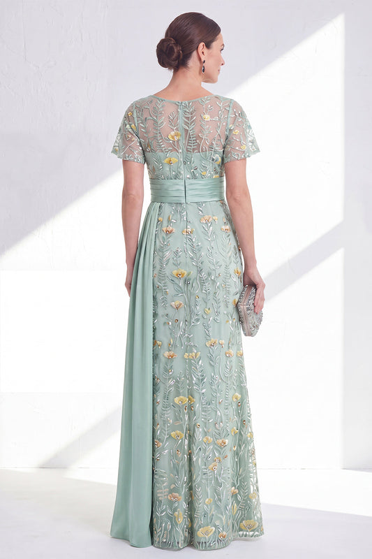 Robe longue fleurie de sirène verte à col rond avec ceinture pour la mère de la mariée