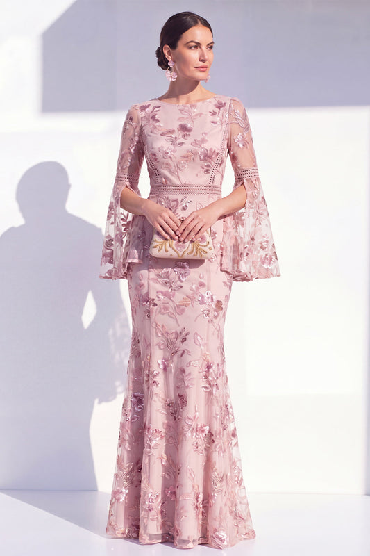 Robe longue de mère de la mariée fleurie à col rond Blush Mermaid avec manches longues