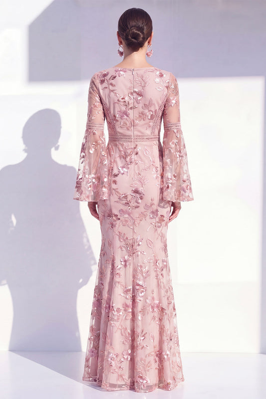 Robe longue de mère de la mariée fleurie à col rond Blush Mermaid avec manches longues