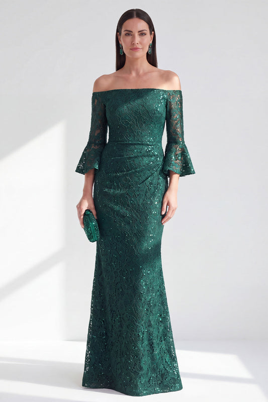 Robe longue de mère de la mariée vert foncé sirène à épaules dénudées et perles