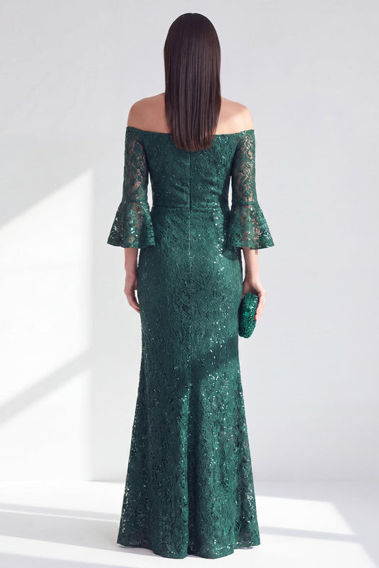 Robe longue de mère de la mariée vert foncé sirène à épaules dénudées et perles