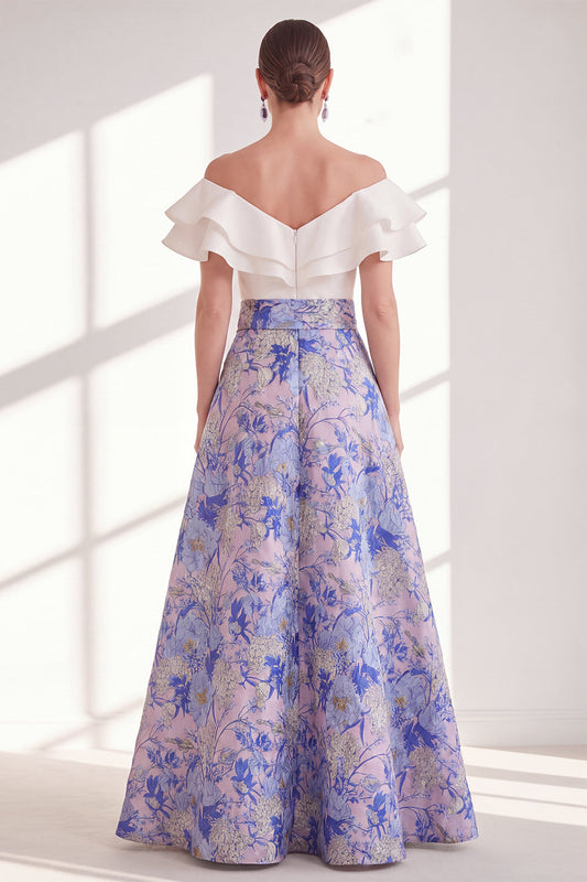 Pink Blue Flower A-Line Off the Shoulder Ruffled Long Mother Of the Bride Dress with Belt
