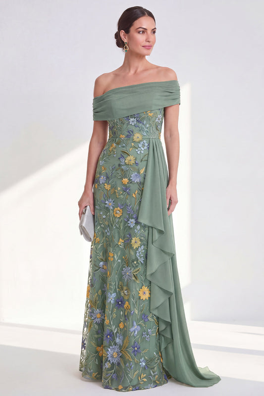 Robe longue de mère de la mariée fourreau vert floral avec ceinture épaules dénudées