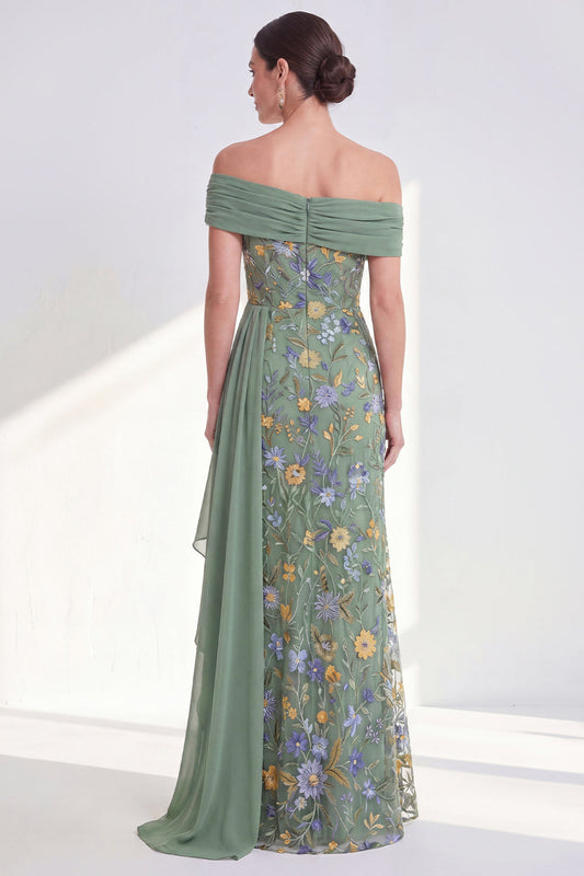 Robe longue de mère de la mariée fourreau vert floral avec ceinture épaules dénudées