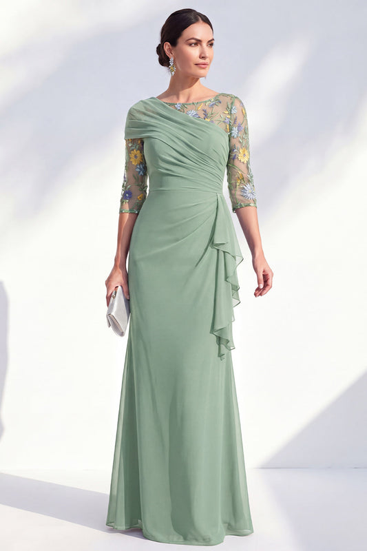 Robe longue de mère de la mariée en mousseline florale à col bateau sirène verte