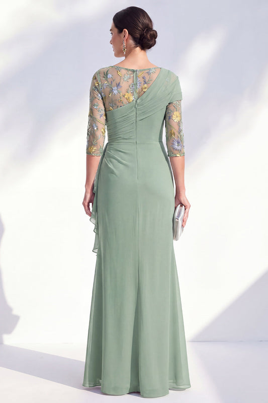 Robe longue de mère de la mariée en mousseline florale à col bateau sirène verte