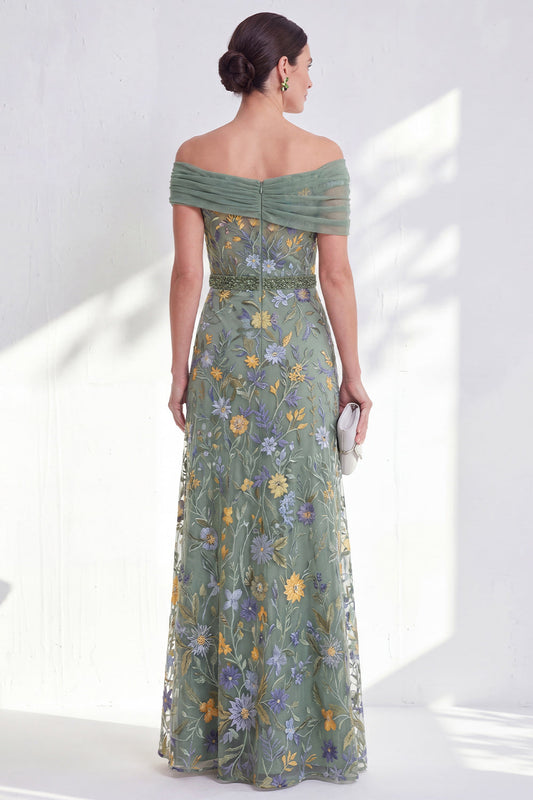 Robe longue de mère de la mariée fleurie vert anis trapèze épaules dénudées