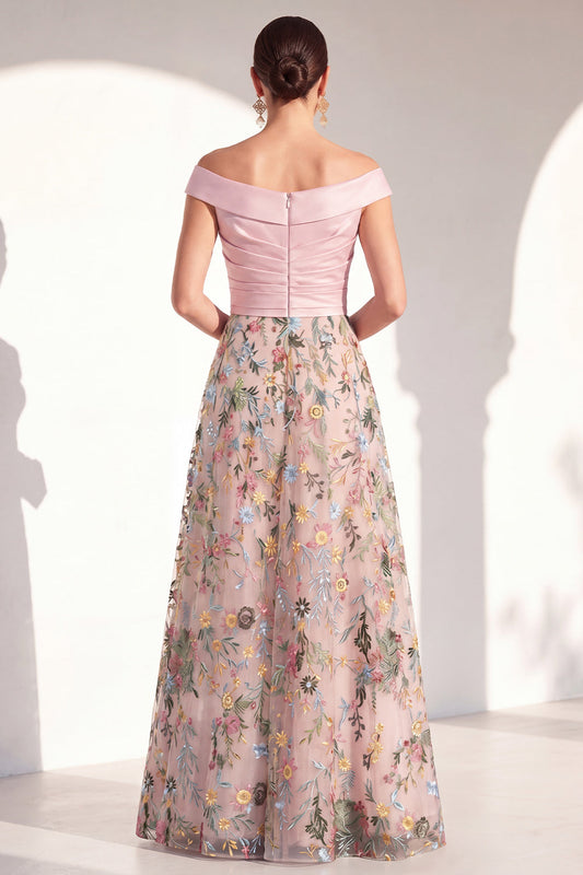 A-Line Blush Off the Shoulder Floral Long Mother of the Bride Dress