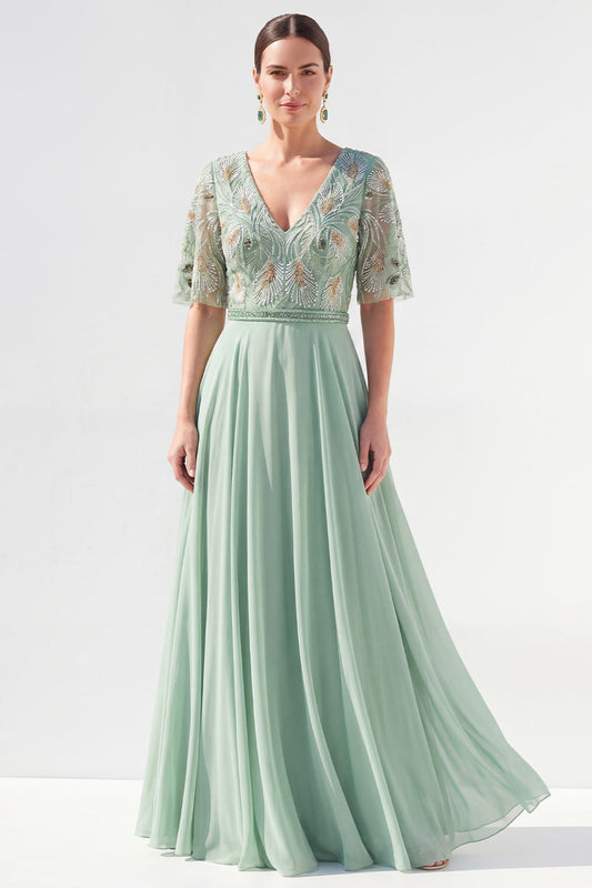 Robe longue de mère de la mariée en mousseline de soie verte évasée à col en V, avec motif floral et perles