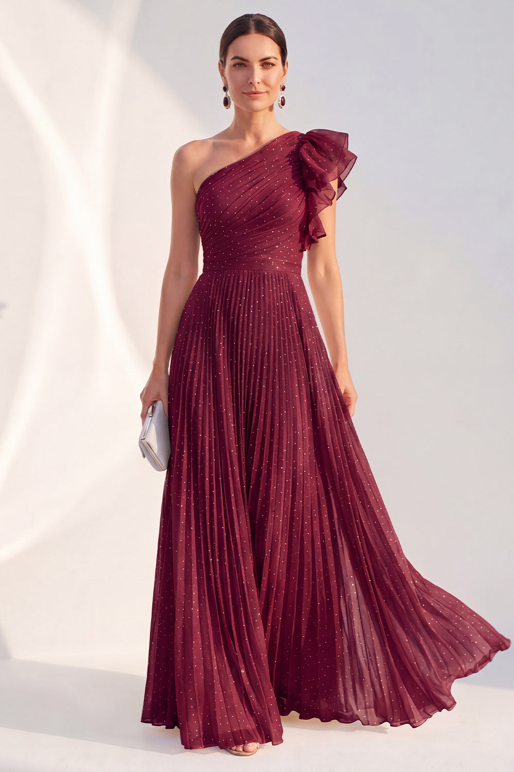 Robe longue de mère de la mariée plissée à volants et paillettes, coupe trapèze asymétrique bleu marine