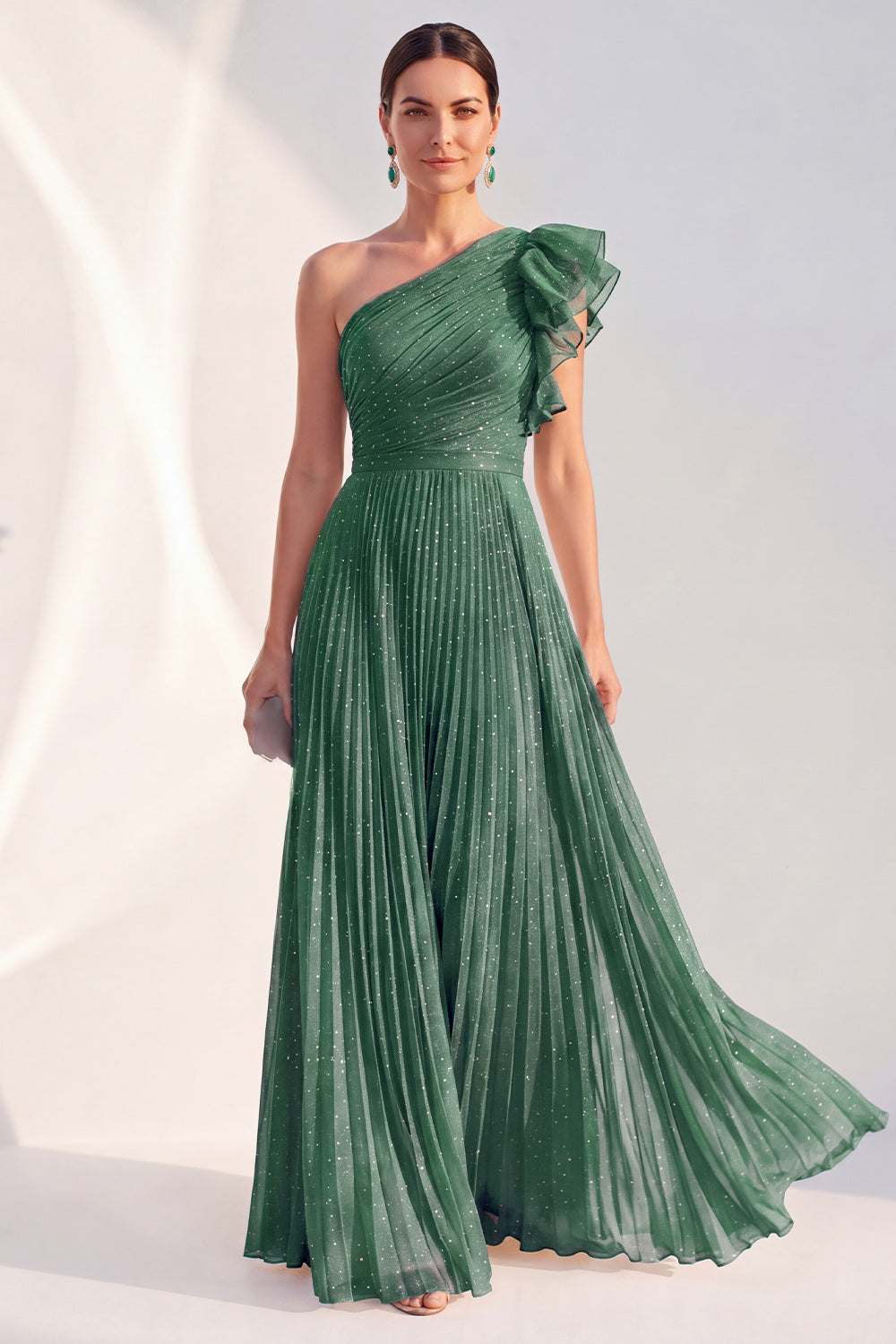 Robe longue de mère de la mariée plissée à volants et paillettes, coupe trapèze asymétrique bleu marine