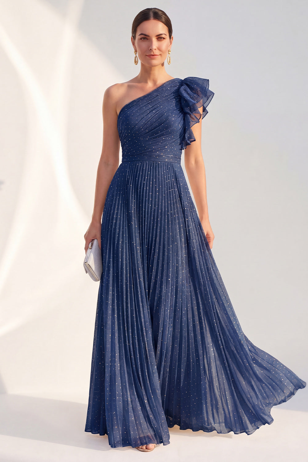 Robe longue de mère de la mariée plissée à volants et paillettes, coupe trapèze asymétrique bleu marine