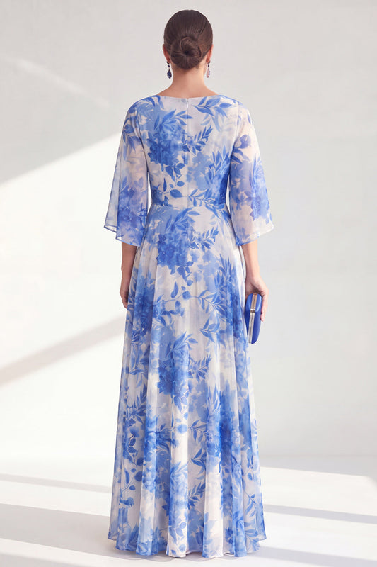 Blue A-Line Bateau Neck Chiffon Floral Long Mother Of the Bride Dress with 3/4 Sleeves