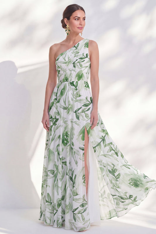 Robe longue de mère de la mariée en mousseline florale verte asymétrique avec fente