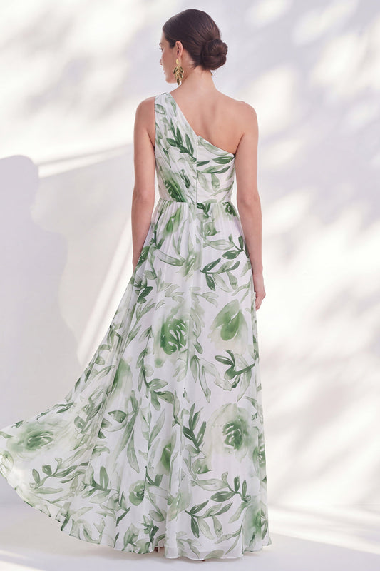 Robe longue de mère de la mariée en mousseline florale verte asymétrique avec fente