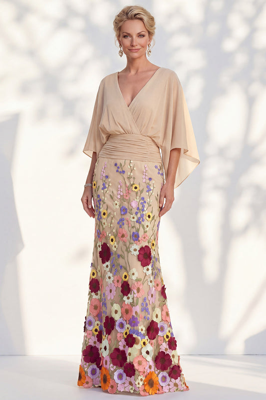 Mermaid Champagne Floral V-Neck Long Mother Of the Bride Dress with Cape Sleeves