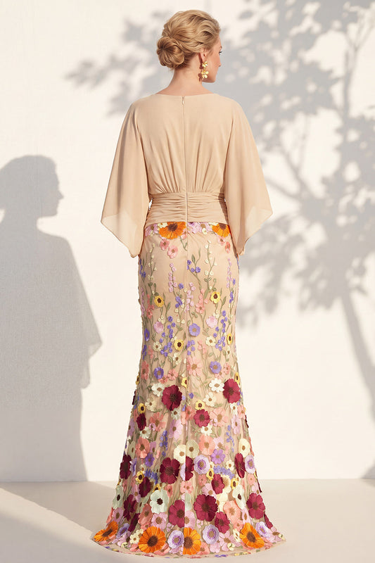Mermaid Champagne Floral V-Neck Long Mother Of the Bride Dress with Cape Sleeves