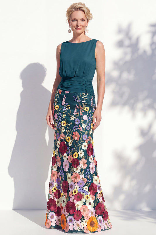 Robe longue de mère de la mariée vert foncé sirène encolure bateau à fleurs 3D