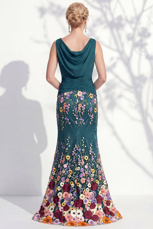Robe longue de mère de la mariée vert foncé sirène encolure bateau à fleurs 3D