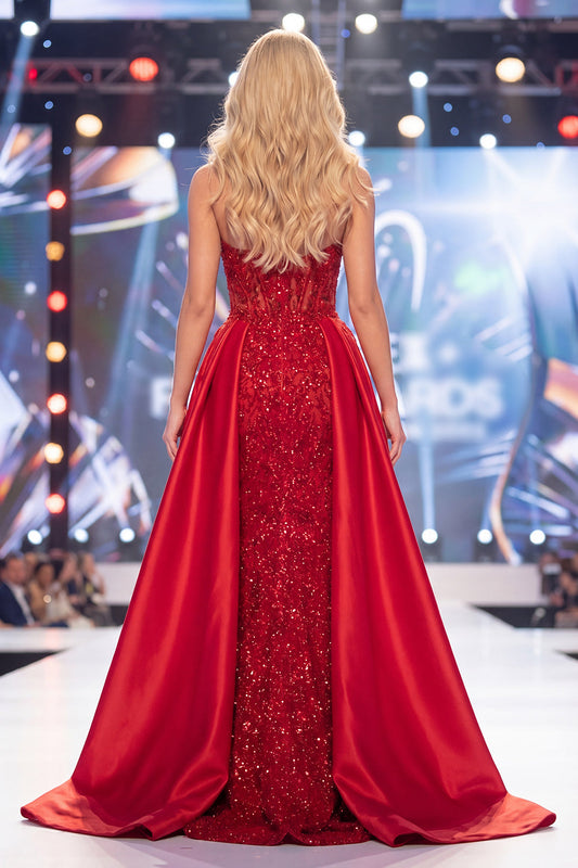 Mermaid Red Sweetheart Sheer Corset Beaded Long Pageant Dress with Sash