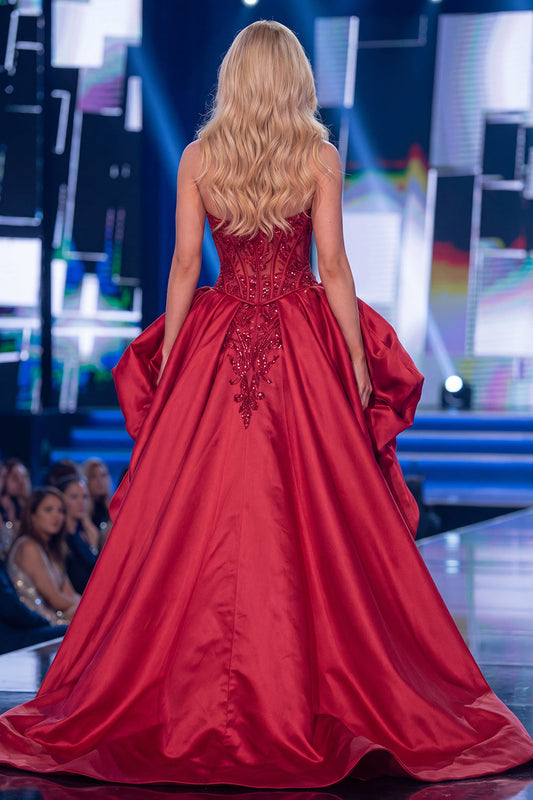 Red Mermaid Sheer Corset Sweetheart Beaded Long Pageant Dress with Sash