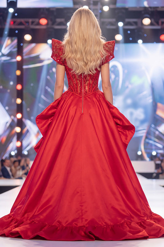 Red Mermaid Sheer Corset Beaded Long Pageant Dress with Sash