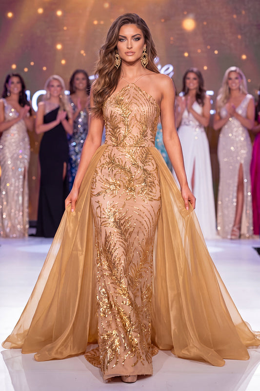 Vestido largo de sirena con lentejuelas, cuello halter dorado brillante y faja