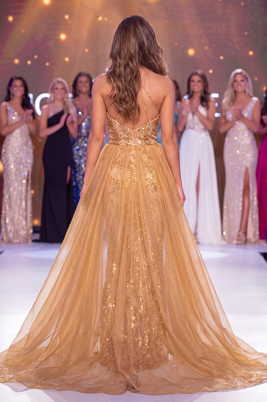 Vestido largo de sirena con lentejuelas, cuello halter dorado brillante y faja