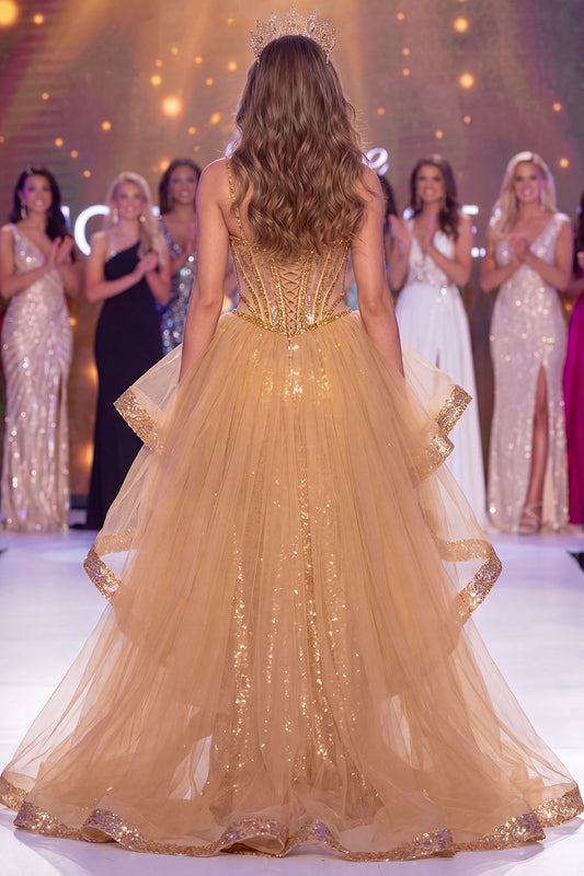 Sparkly Golden Sheer Corset Mermaid Sequins Long Pageant Dress with Slit
