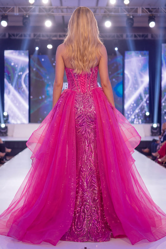 Vestido largo de sirena de lentejuelas con corsé transparente, corazón fucsia brillante y banda