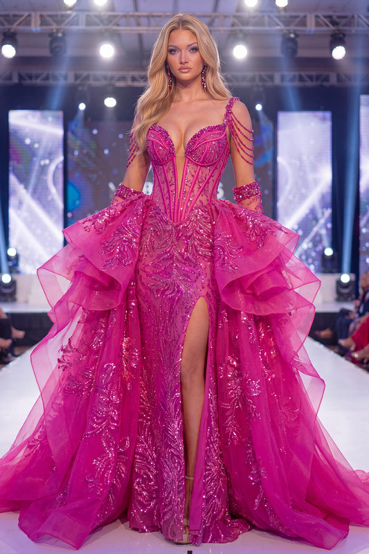 Sparkly Fuchsia Cold Shoulder Sheer Corset Mermaid Long Pageant Dress with Sash