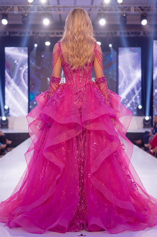 Sparkly Fuchsia Cold Shoulder Sheer Corset Mermaid Long Pageant Dress with Sash