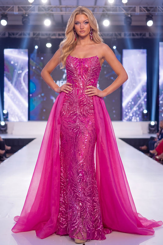 Sparkly Fuchsia Strapless Mermaid Sequin Long Pageant Dress with Sash