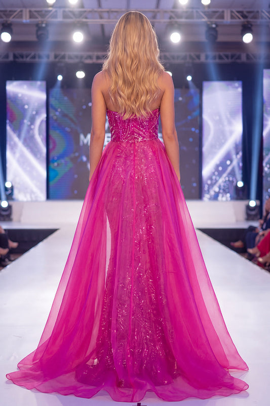 Sparkly Fuchsia Strapless Mermaid Sequin Long Pageant Dress with Sash