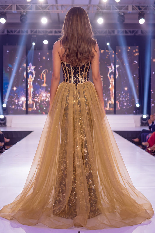 Sparkly Black Golden Mermaid Sequins Sweetheart Corset Long Pageant Dress with Sash