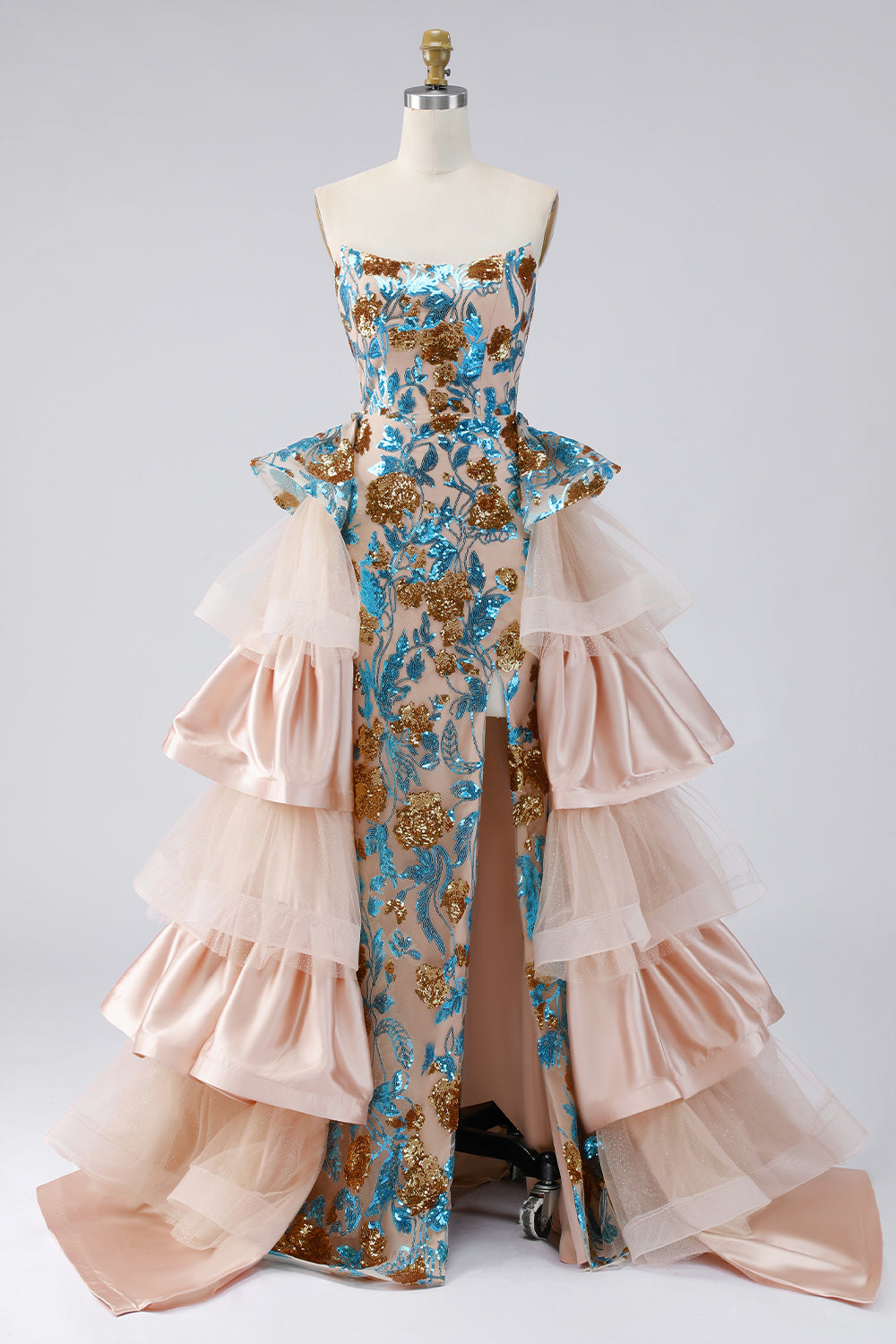 Robe de soirée longue bustier à paillettes sirène bleu étincelant avec ceinture