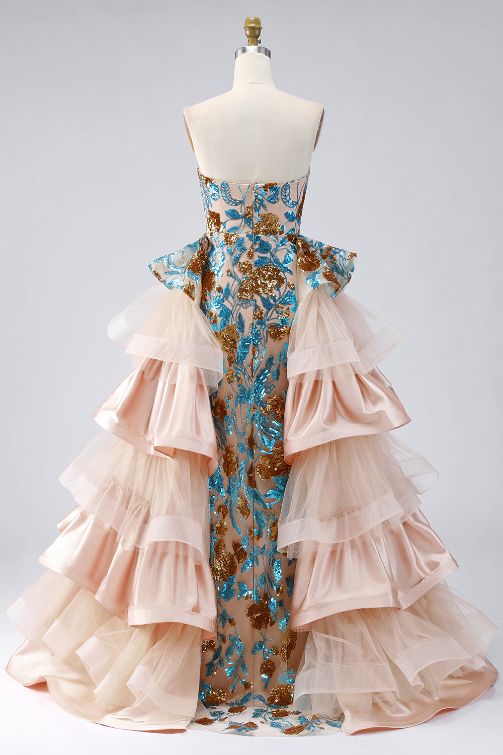 Robe de soirée longue bustier à paillettes sirène bleu étincelant avec ceinture