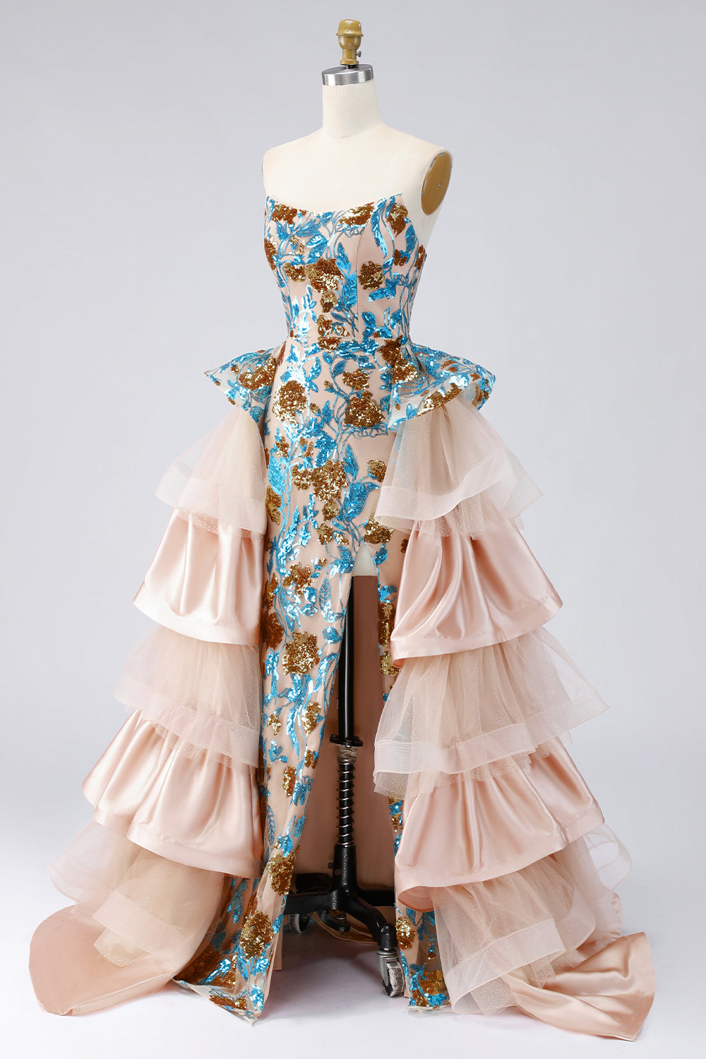 Robe de soirée longue bustier à paillettes sirène bleu étincelant avec ceinture
